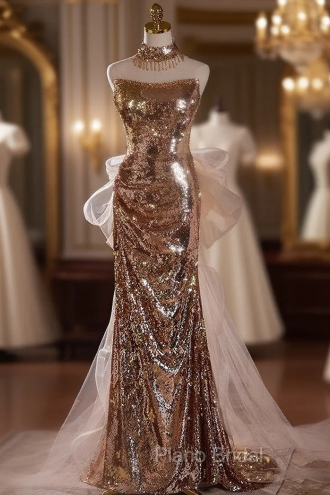 Gold Mermaid Sequins Strapless Pleats Formal Prom Dresses