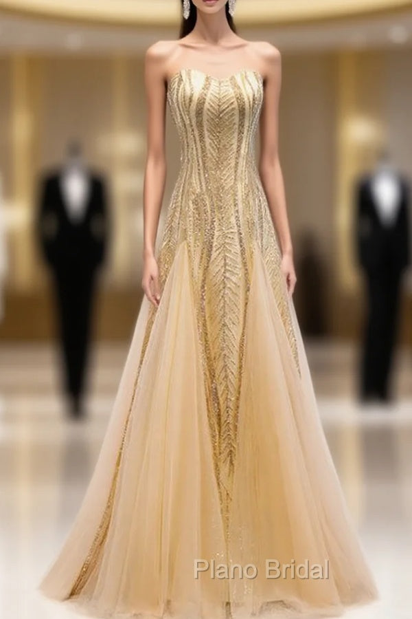 Gold Mermaid Sequins Tulle Sleeveless Formal Prom Dresses Main image
