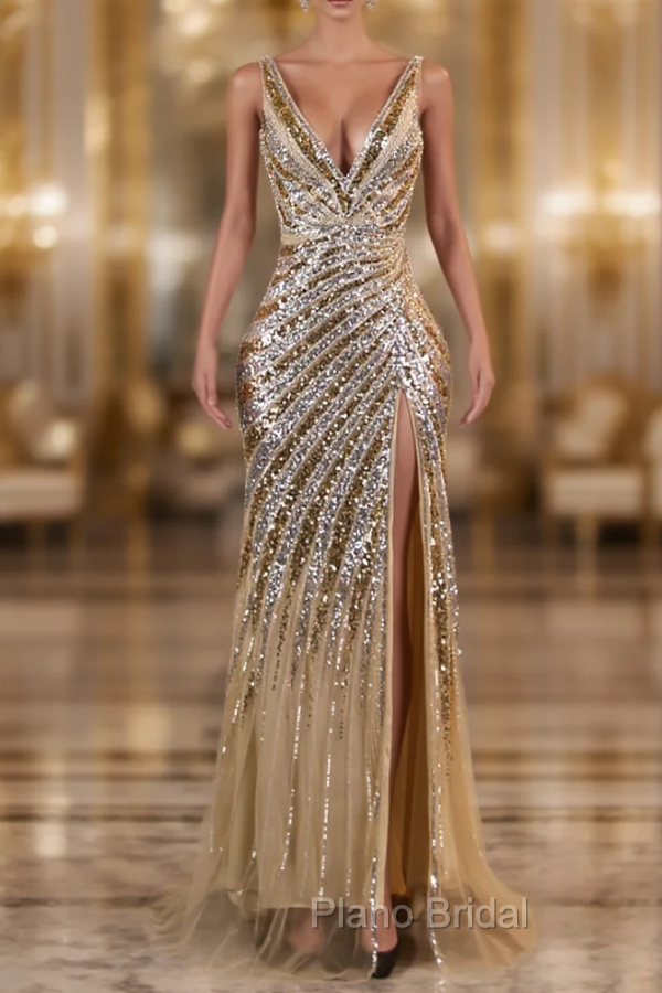 Gold Mermaid Sequins V-neck Split Formal Prom Dresses Main image