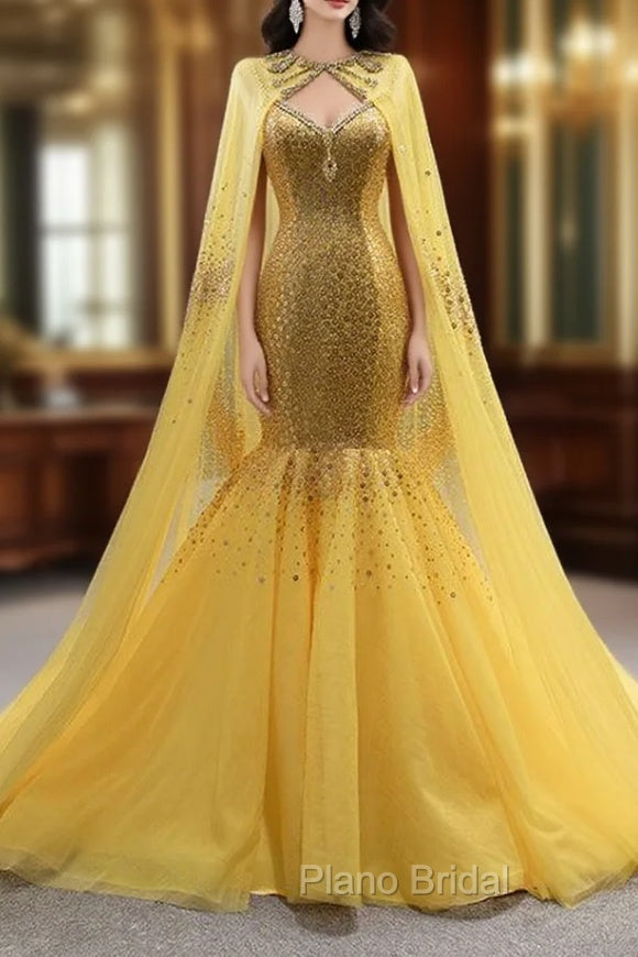 Gold Mermaid Tulle Sequins Crystal Spaghetti Straps Formal Prom Dresses With Shawl Main image