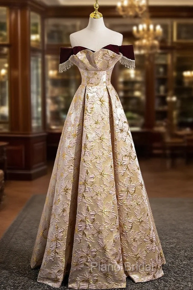 Gold Off The Shoulder Beading Formal Prom Dresses Main image