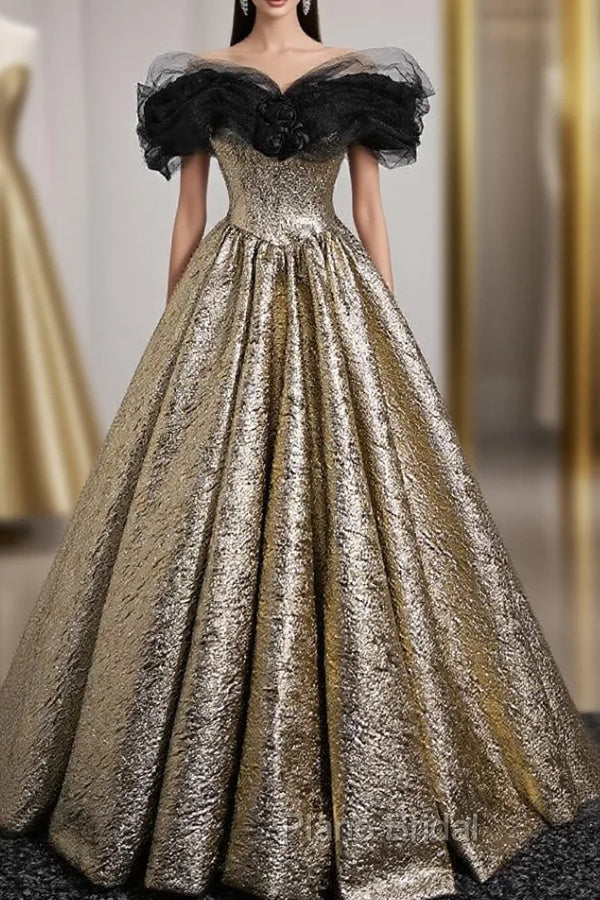 Gold Off the Shoulder Black Flower Formal Prom Dresses Main image