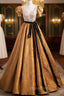 Gold Puff Sleeve Square Sequins Formal Prom Dresses