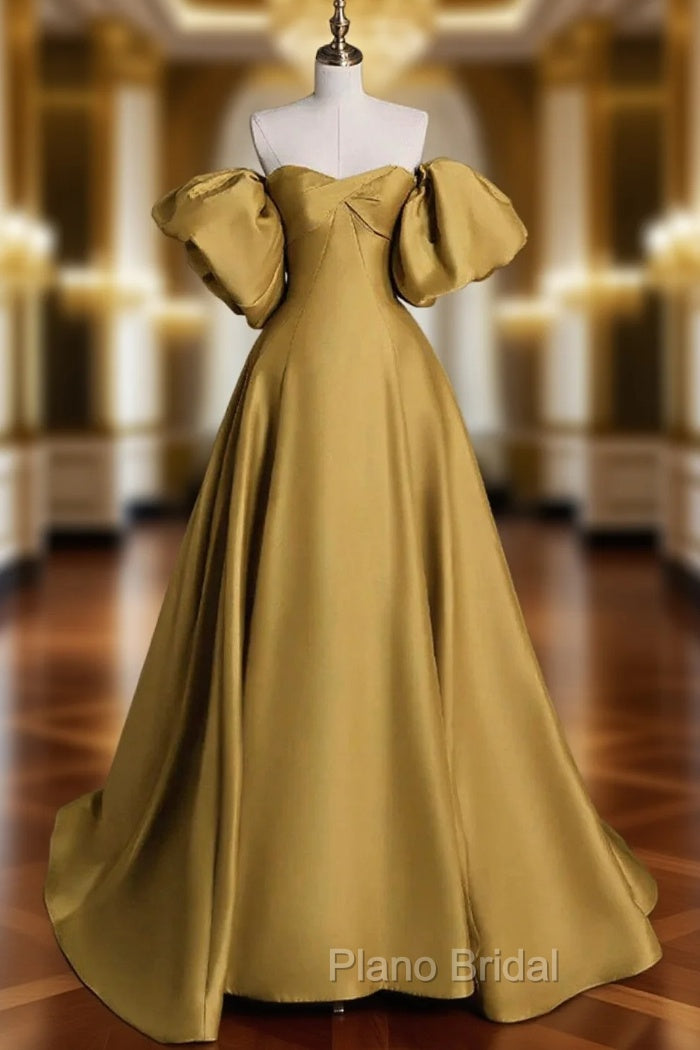 Gold Satin A-line Lace-up Long Party Dresses with Sleeves, Gold Satin Formal Prom Dresses Main image