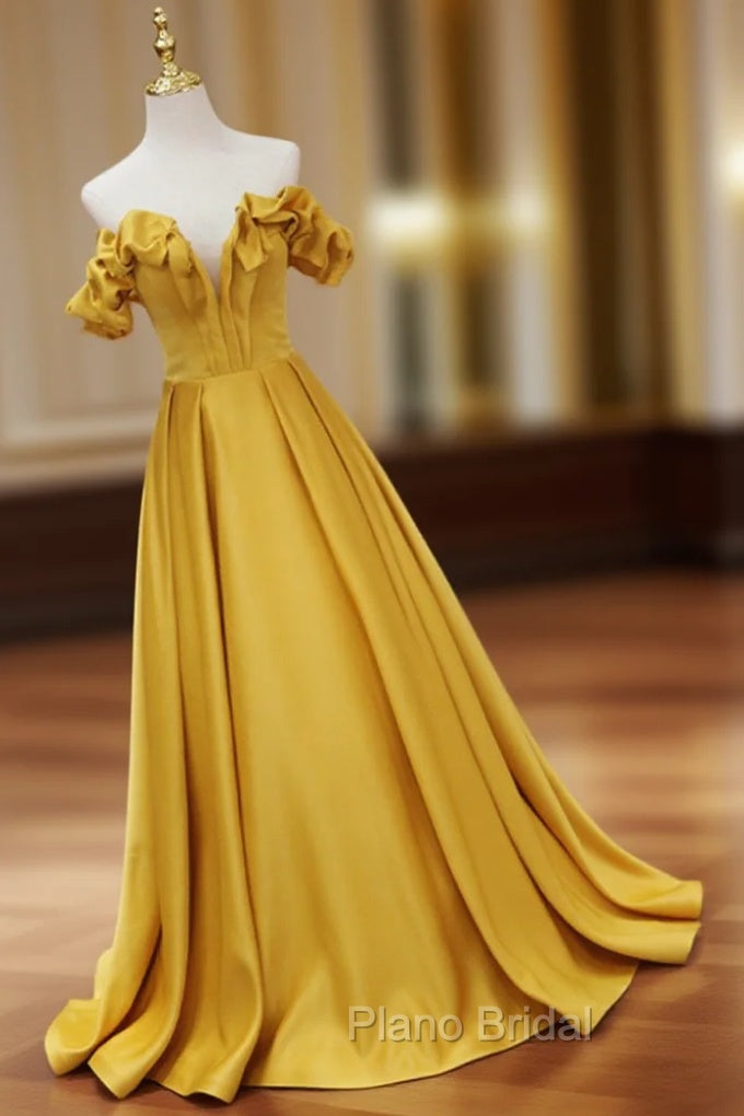 Gold Satin A-line Sweetheart Long Junior Formal Prom Dresses, Floor Length Satin Evening Dresses Main image