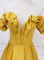 Gold Satin A-line Sweetheart Long Junior Formal Prom Dresses, Floor Length Satin Evening Dresses