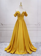 Gold Satin A-line Sweetheart Long Junior Formal Prom Dresses, Floor Length Satin Evening Dresses