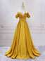 Gold Satin A-line Sweetheart Long Junior Formal Prom Dresses, Floor Length Satin Evening Dresses