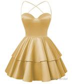 Gold Satin Homecoming Dress Sweetheart Neck Tiered Short Graduation Dresses