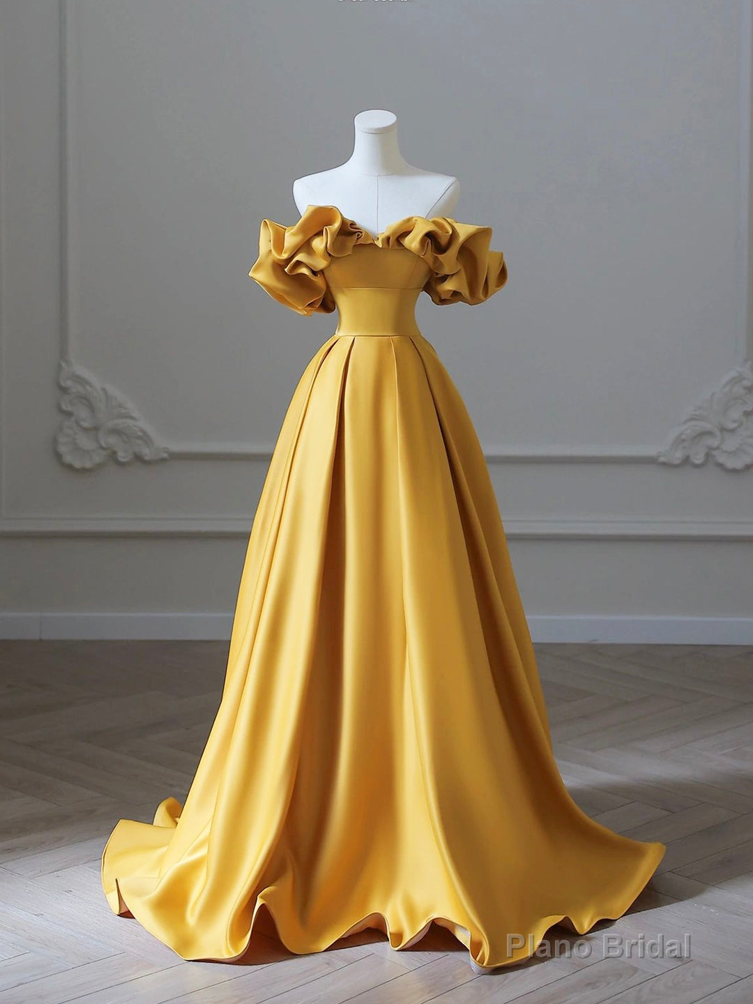 Gold Satin Long Prom Dress, Off Shoulder A-Line Formal Evening Dresses Main image