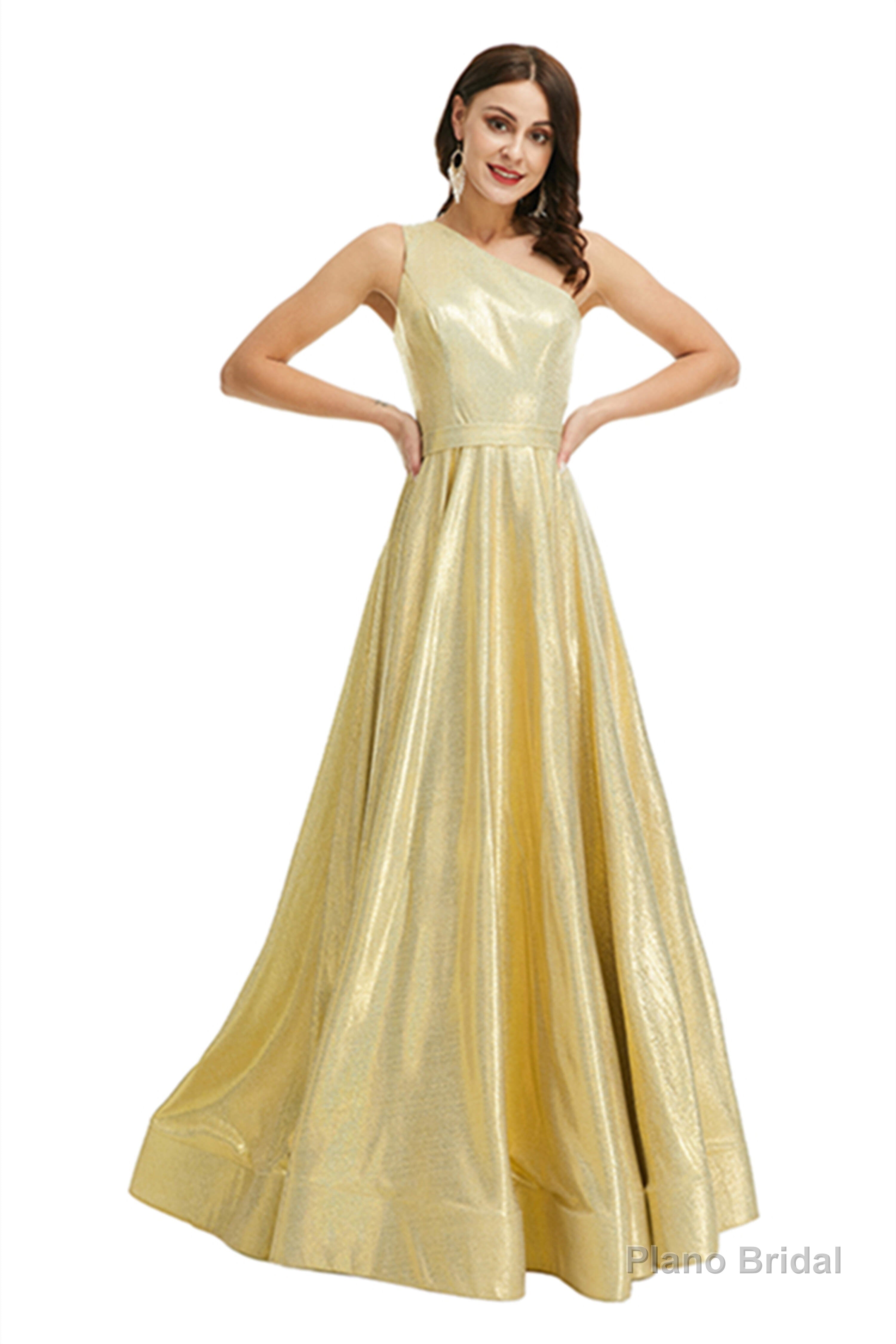 Gold Satin One Shoulder With Split Prom Dresses Main image