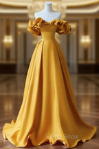 Gold Satin Sweetheart Off Shoulder A-line Formal Prom Dresses, Satin Evening Dresses