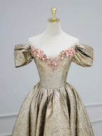 Gold Satin V-Neck Long Formal Prom Dresses With Flowers, Off The Shoulder A-Line Formal Dresses