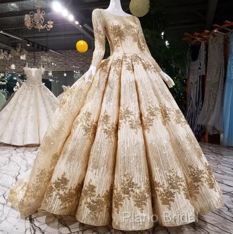 Gold Sequins Ball Gown Wedding Dresses Long Sleeves Open Back Secondary image
