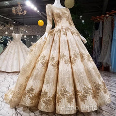 Gold Sequins Ball Gown Wedding Dresses Long Sleeves Open Back