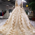 Gold Sequins Ball Gown Wedding Dresses Long Sleeves Open Back