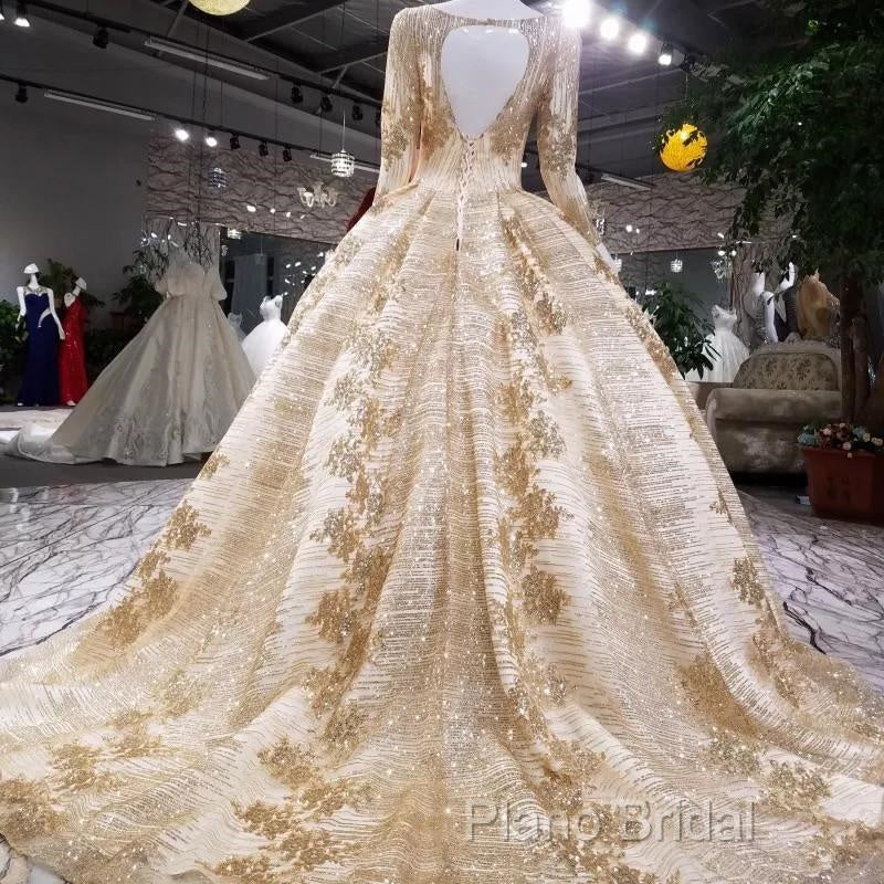 Gold Sequins Ball Gown Wedding Dresses Long Sleeves Open Back