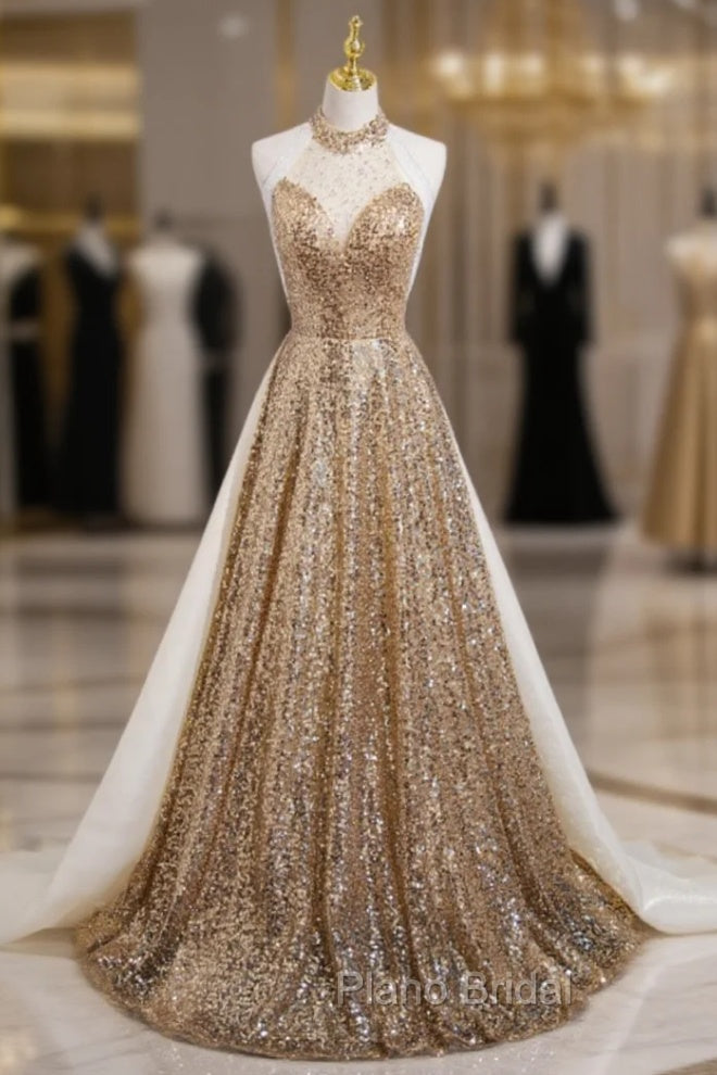 Gold Sequins Halter Backless Beading Formal Prom Dresses