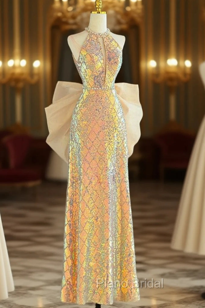 Gold Sequins Halter Backless Formal Prom Dresses Main image