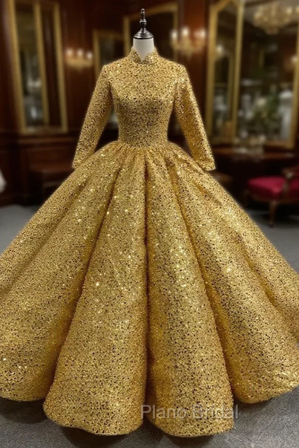 Gold Sequins High Neck Long Sleeve Formal Prom Dresses