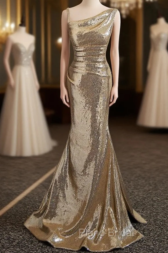 Gold Sequins Irregular Neck Pleats Formal Prom Dresses