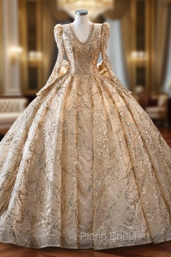 Gold Sequins Long Sleeve V-neck Formal Prom Dresses