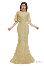 Sequins Mermaid Cape Sleeves V Neck Prom Dresses