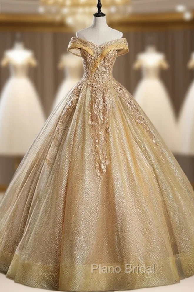 Gold Sequins Off the Shoulder Appliques Beading Quinceanera Dresses Main image