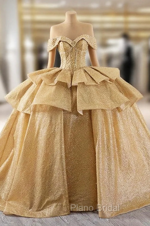 Gold Sequins Off the Shoulder Beading Formal Prom Dresses Main image