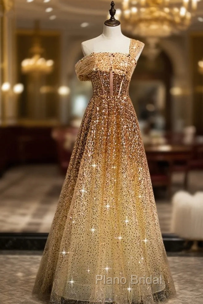 Gold Sequins One Shoulder Pleats Corset Formal Prom Dresses Main image