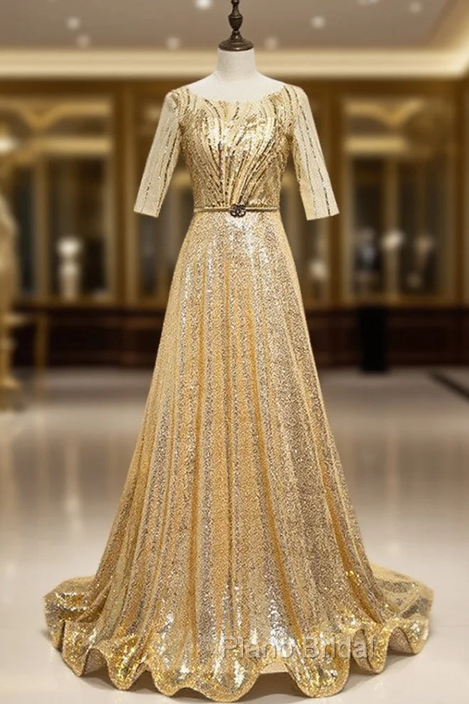 Gold Sequins Short Sleeve Formal Prom Dresses With Belt