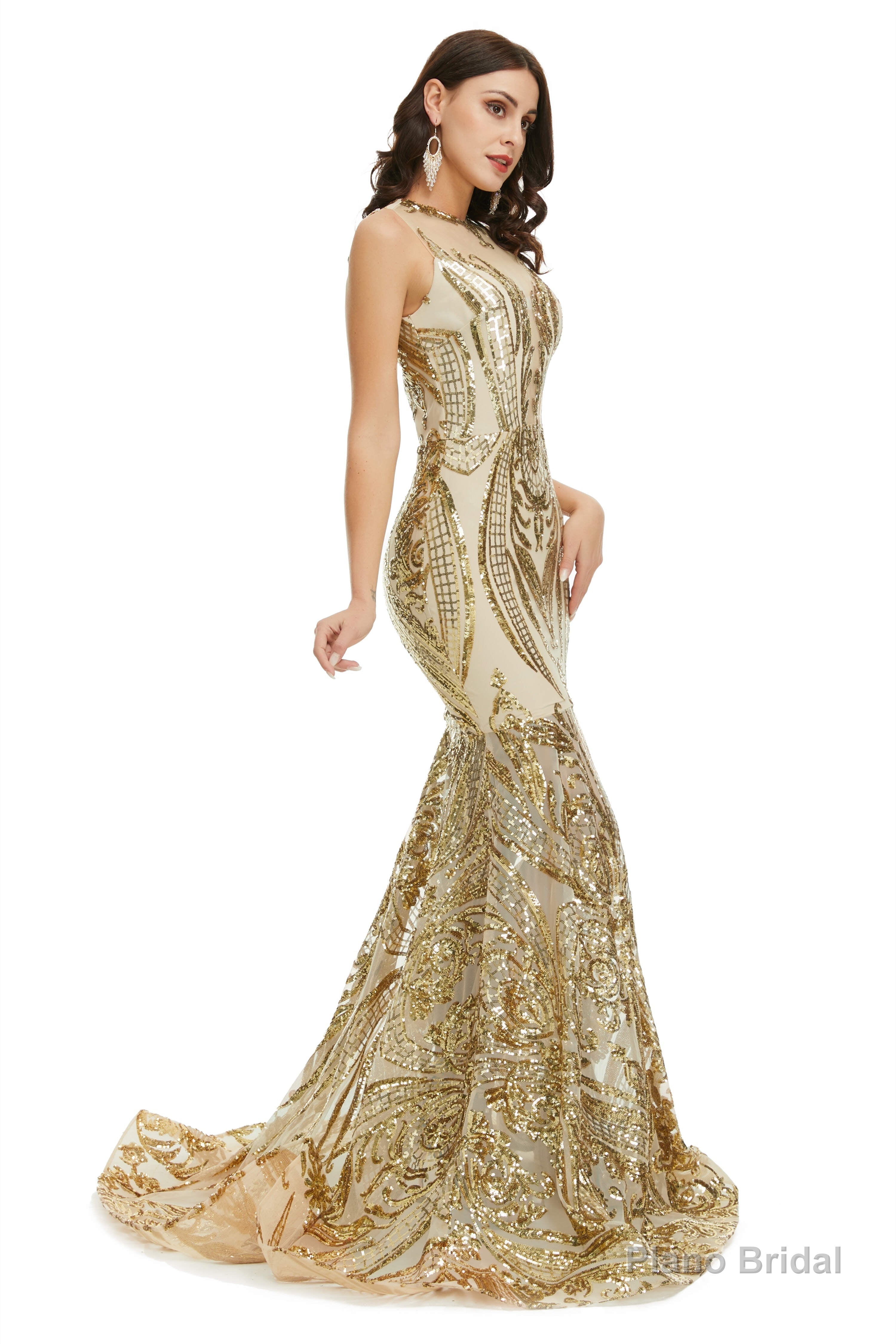 Sequins Sleeveless Floor Length Crew Neck Prom Dresses