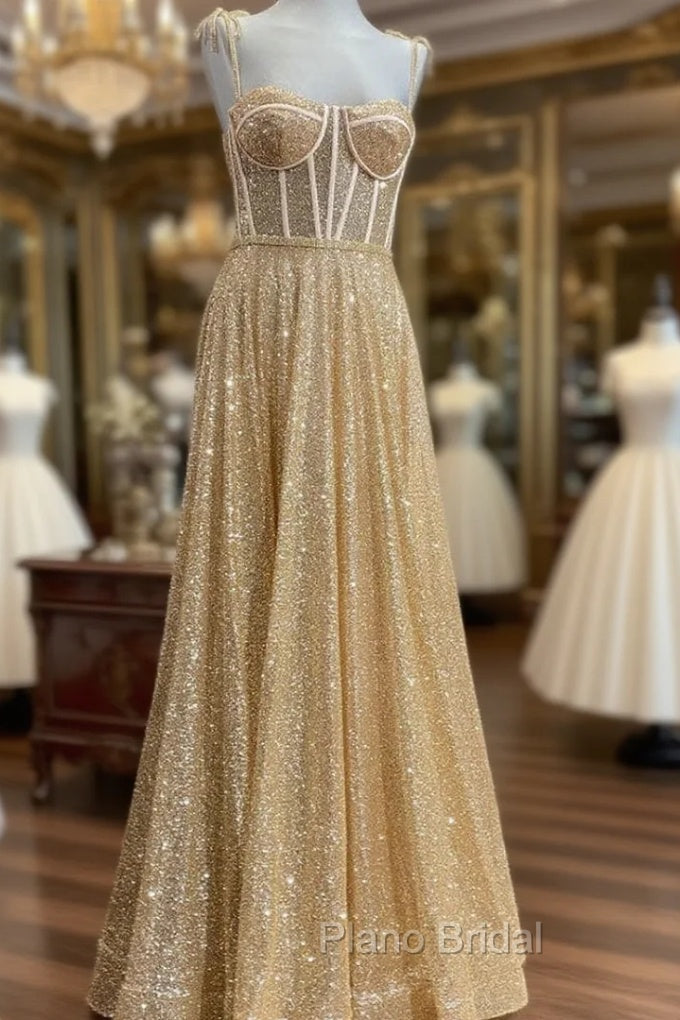Gold Sequins Spaghetti Straps Sexy Formal Prom Dresses