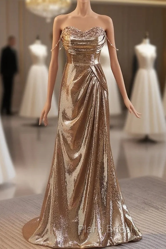 Gold Sequins Strapless Pleats Formal Prom Dresses