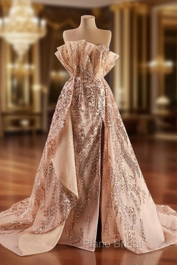 Gold Sequins Strapless Split Formal Prom Dresses