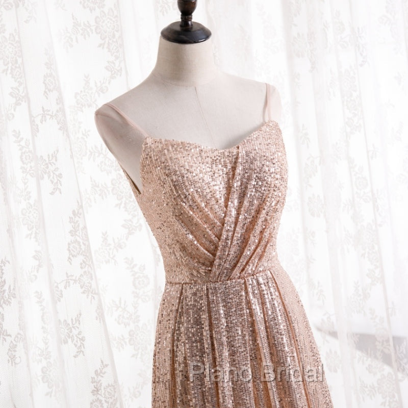 Gold Sequins Sweetheart Simple Spaghetti Straps Long Party Dresses, Sequins Formal Prom Dresses Bridesmaid Dresses