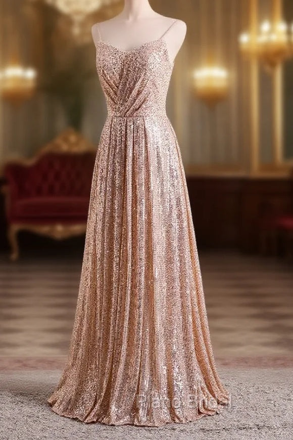 Gold Sequins Sweetheart Simple Spaghetti Straps Long Party Dresses, Sequins Formal Prom Dresses Bridesmaid Dresses