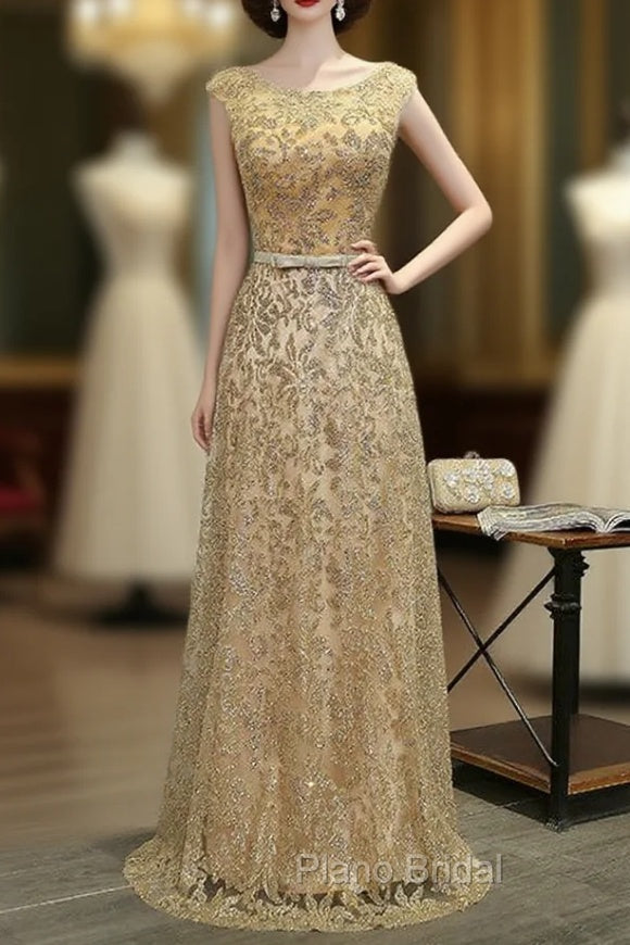 Gold Sequins Tulle Scoop Neck Bridesmaid Dresses