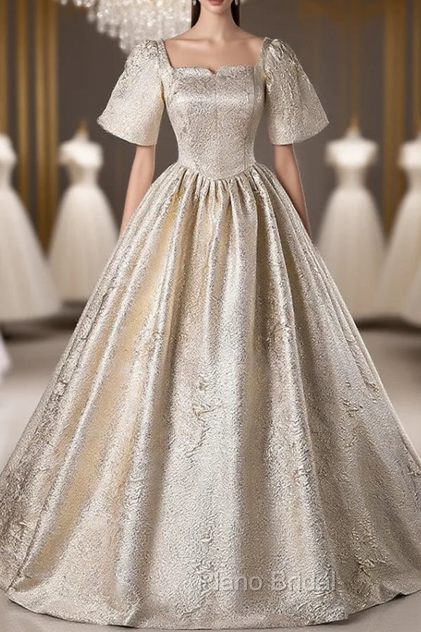 Gold Short Sleeve Square Neck Quinceanera Dresses