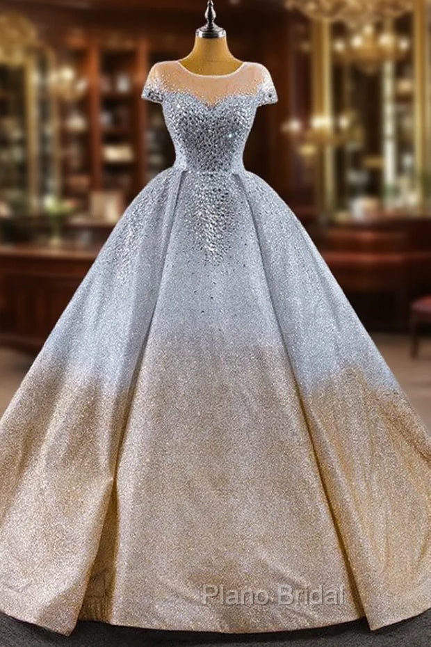 Gold Silver Ball Gown Sequins Cap Sleeve Crystal Formal Prom Dresses Main image