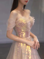 Gold Sparkle A Line Tulle Sequin Long Formal Prom Dresses