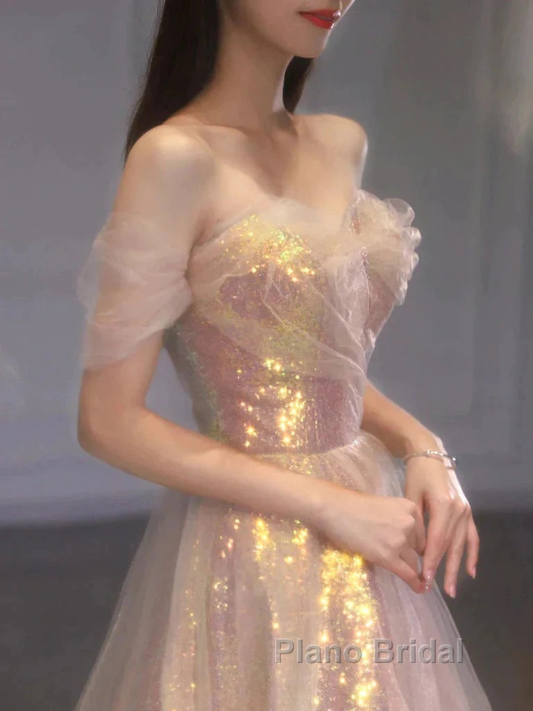 Gold Sparkle A Line Tulle Sequin Long Formal Prom Dresses