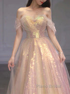 Gold Sparkle A Line Tulle Sequin Long Formal Prom Dresses