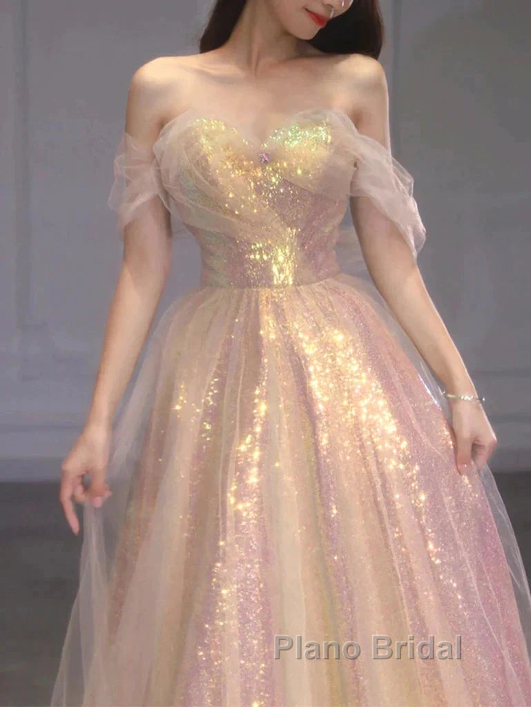 Gold Sparkle A Line Tulle Sequin Long Formal Prom Dresses