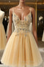 Gold Tulle Double Straps Beading Sequins Homecoming Dresses