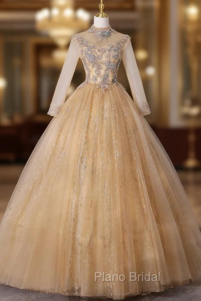 Gold Tulle High Neck Long Sleeve Backless Quinceanera Dresses Main image