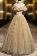 Gold Tulle Lace Long Formal Prom Dresses Gold Sweet 16 Dresses