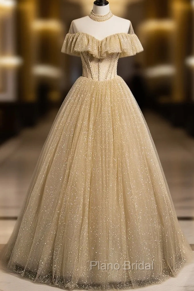 Gold Tulle Lace Long Formal Prom Dresses Gold Sweet 16 Dresses