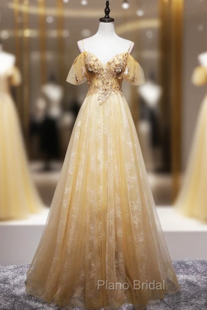 Gold Tulle Lace Sequins Appliques Backless Spaghetti Straps Formal Prom Dresses Main image