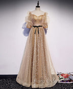 Gold Tulle Long Formal Prom Dresses, A line Gold Formal Graduation Party Dresses
